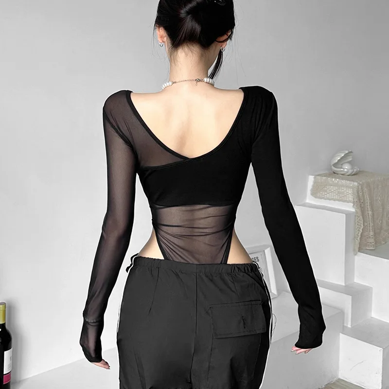 Black See Through Bodysuit Lingerie Sexy Long Sleeve Lenceria Femenina V-Neck One-Pieces Body Feminino Backless Tops For Women