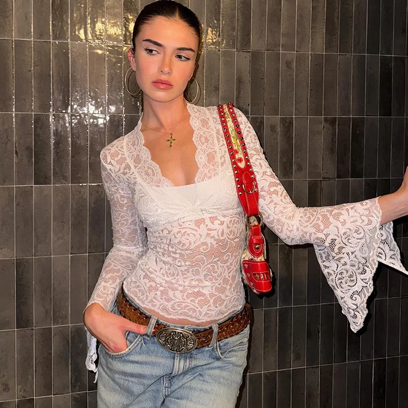 Lace See-Through Sexy Y2k Top T-shirt Women V-Neck Patchwork Hollow Out Fashion Cropped Top Night Club Clothes Crop top