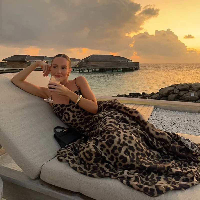 Y2K Leopard Print Suspender Long Dresses Women Slim Sleeveless Backless A-line Party Dress 2025 Summer Vintage Lady Robes _New