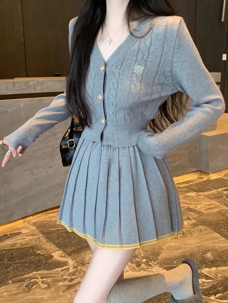 Autumn Knitted Two Piece Skirt Set Women Long Sleeve Single Breasted V-neck Top Mini Pleated Skirt Korean Chic Female Outfit New