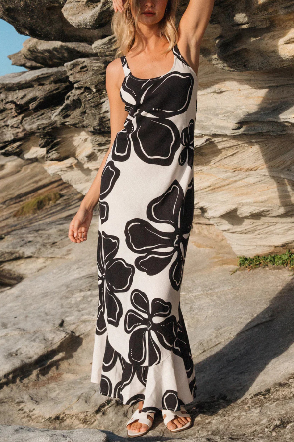 Color-blocked Floral Print Sleeveless Slim-fit Elegant Ruffled Hem Maxi Dress