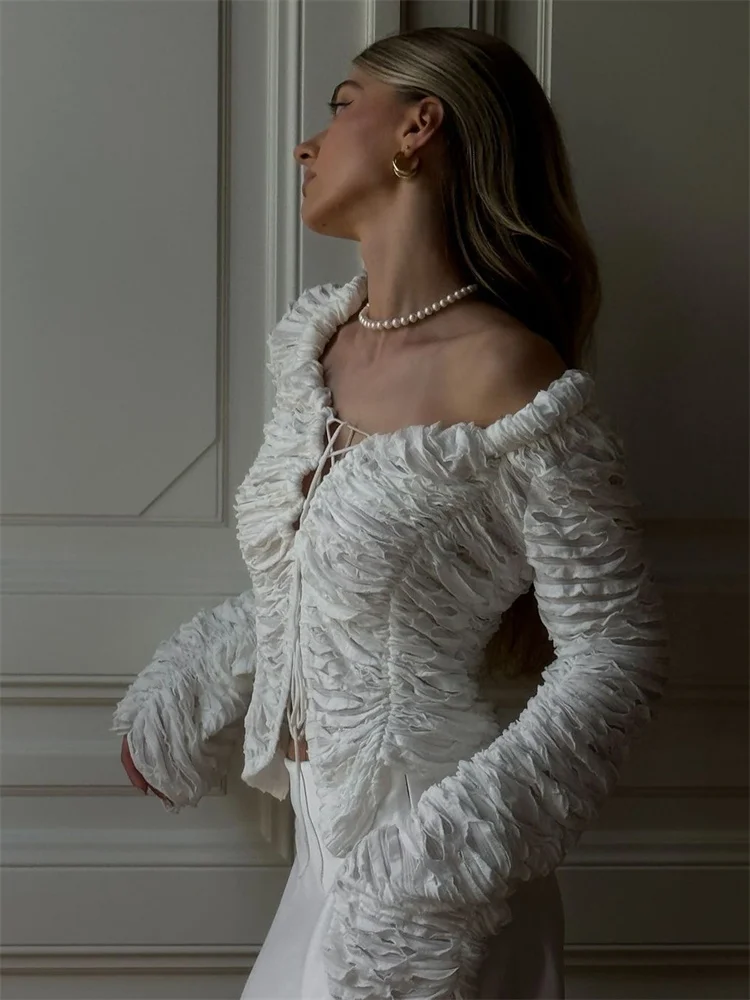 Autumn Fashion Ruffled T-shirt Cropped Top Female Hollow Out Lace-Up Patchwork Loose Outwear White Women Bandage Tee Coat