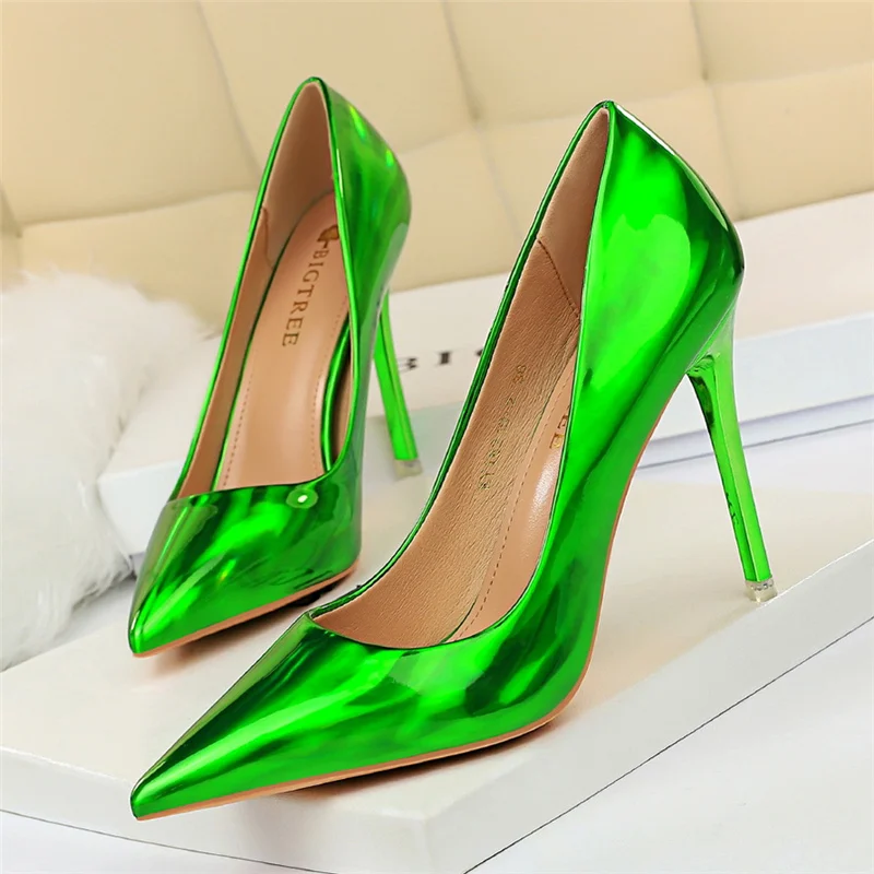 Women 10.5cm High Heels Blue Green Valentine Pumps Luxury Glossy Stripper Stiletto Wedding Bridal Fetish Shoes Plus Size 43