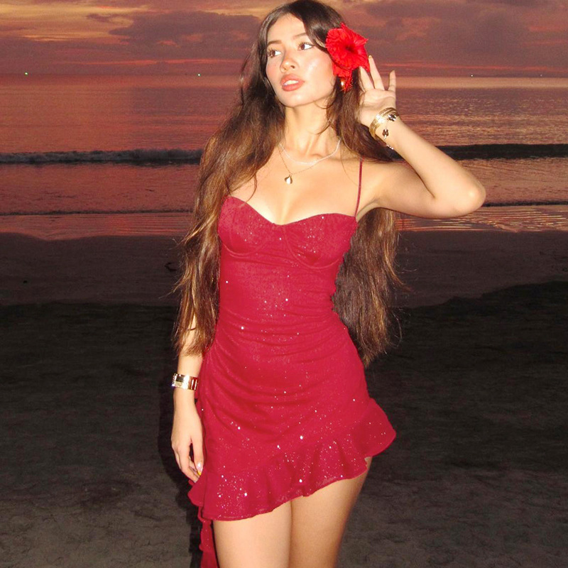 Spring Women Sexy Mesh Irregular Asymmetric Ribbon Slim Fit Backless Sling Dress