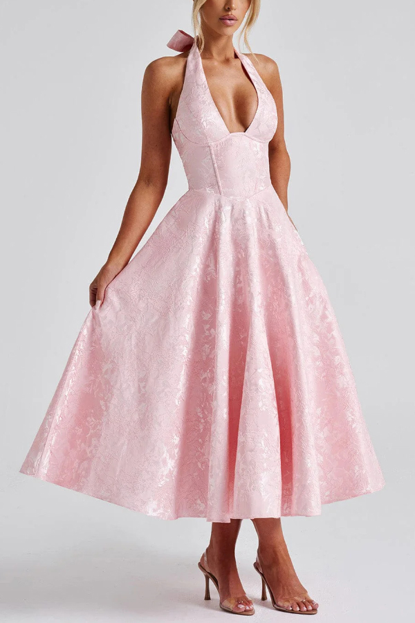 Stylish Jacquard Halter Neck Fitted Waist Open Back Elegant Midi Dress