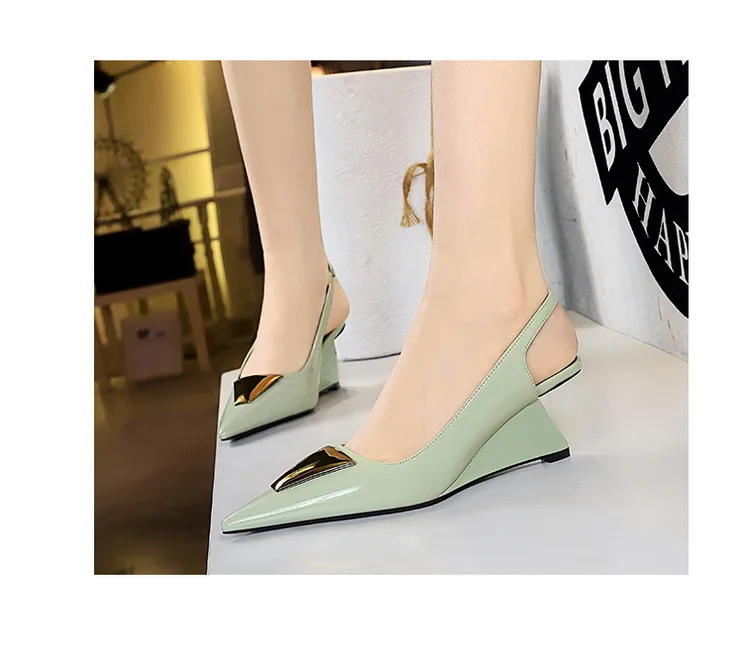 Patent Leather High Heels Wedges Shoes Lady Trendy Pumps Pointed Toe Hollow Back Strap 6.5 Cm Women Sandals White Heels Shoes