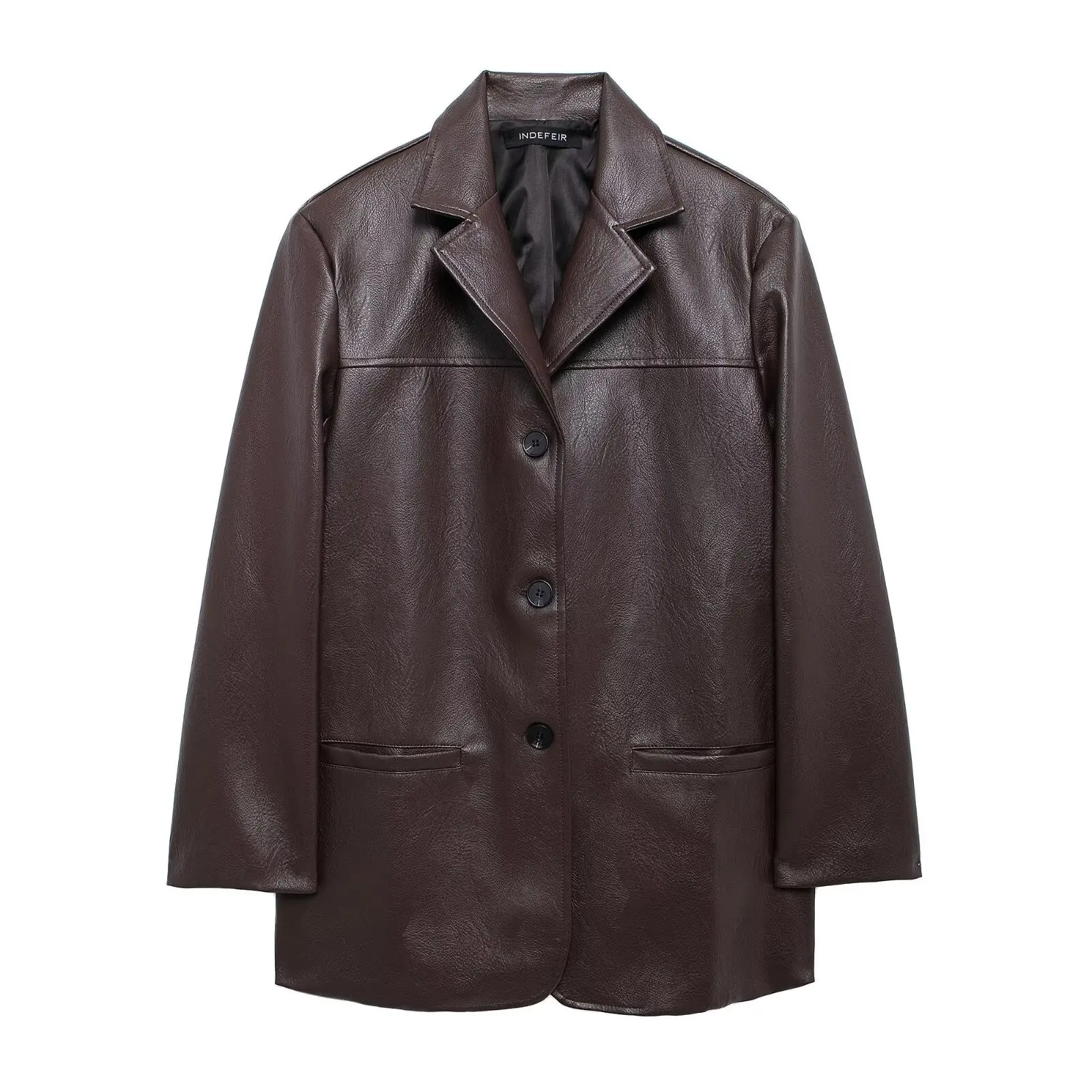 American Retro Women Brown Red PU Leather Blazer Notched Collar Full Sleeve Midi Long Oversized Suits Loose Outerwear