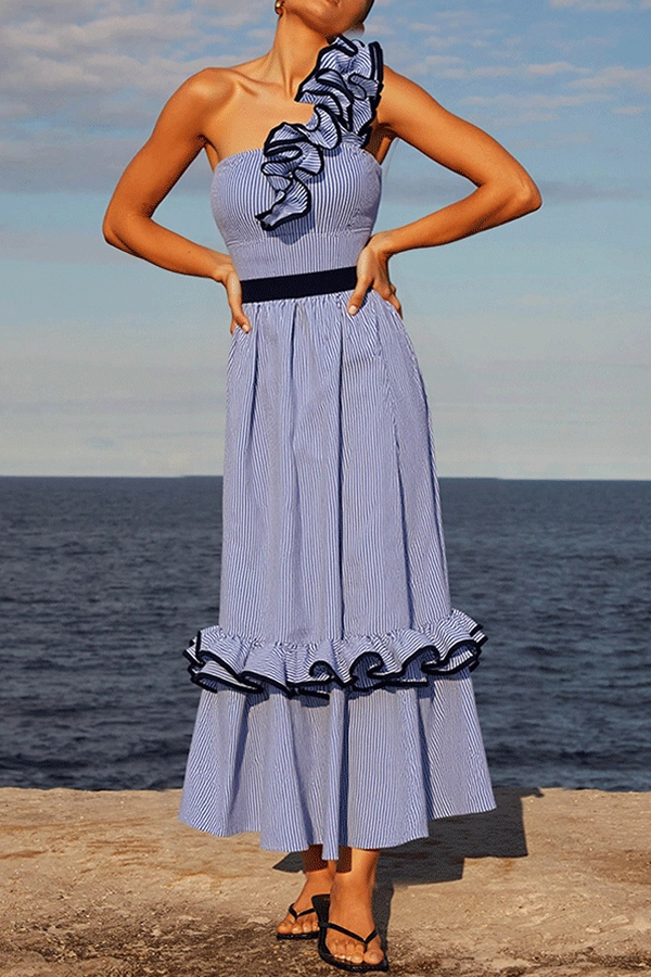 Striped Print Elegant Ruffle Trim Vacation Maxi Skirt