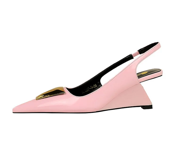 Patent Leather High Heels Wedges Shoes Lady Trendy Pumps Pointed Toe Hollow Back Strap 6.5 Cm Women Sandals White Heels Shoes