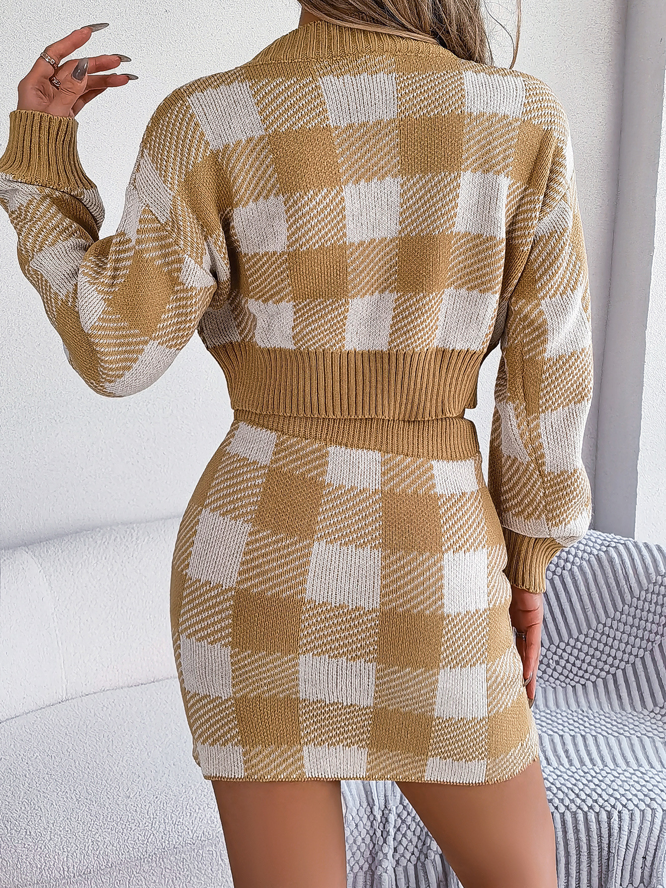 Autumn Winter Casual Color Contrast Check Long Sleeves Cropped Sweater Sheath Skirt Set Women Clothing