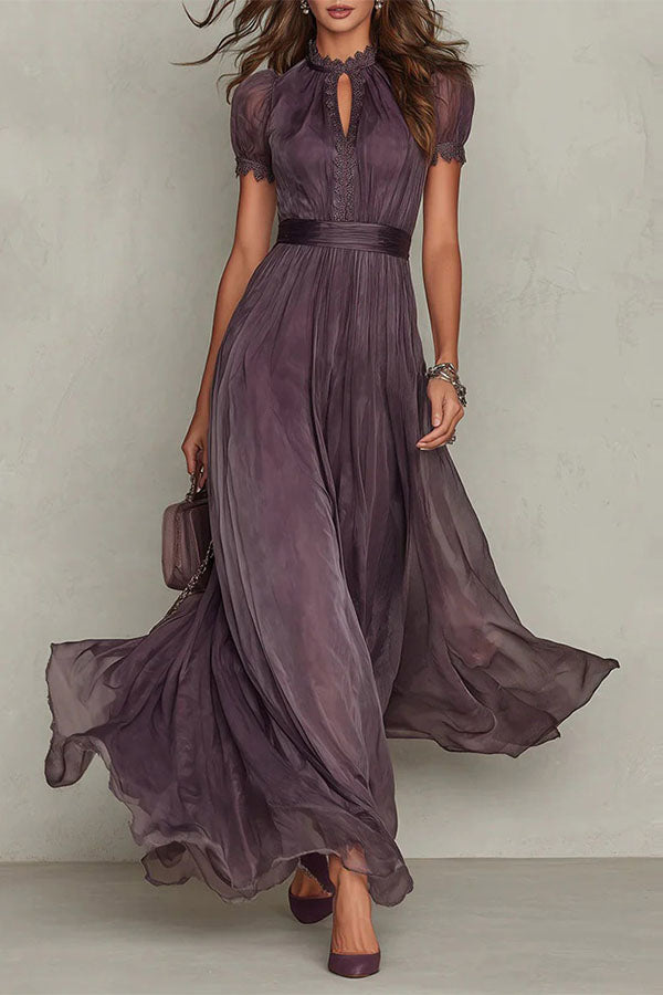 Elegant Lace Trim Keyhole Puff Sleeve Flowing Chiffon Maxi Dress