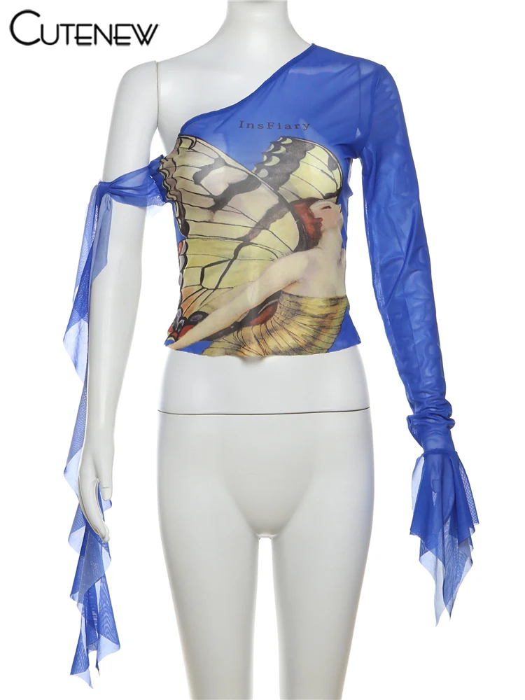 Mesh Women Tops Butterfly Printed Fashion Incline Shoulder Ribbons Sheer Thin Fitness T-shirts Female Summer Street Tees