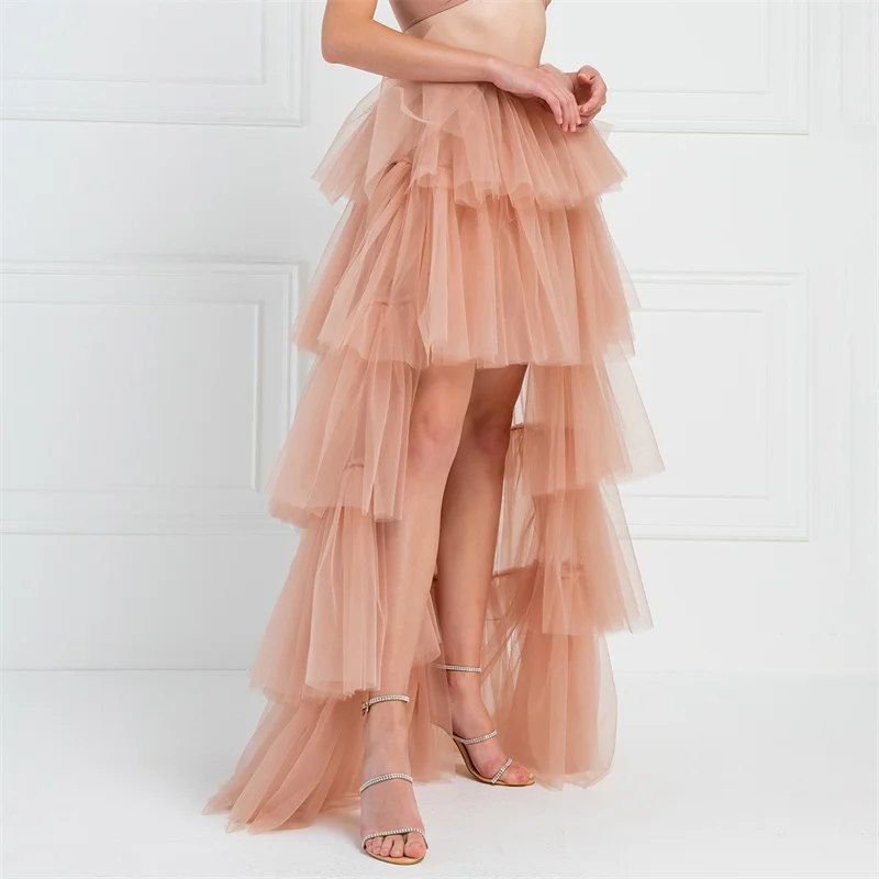 Tulle Skirts Women y2k Solid Color Elastic High Waist Asymmetrical Hem Long Skirts Summer Evening Party Skirt Clubwear