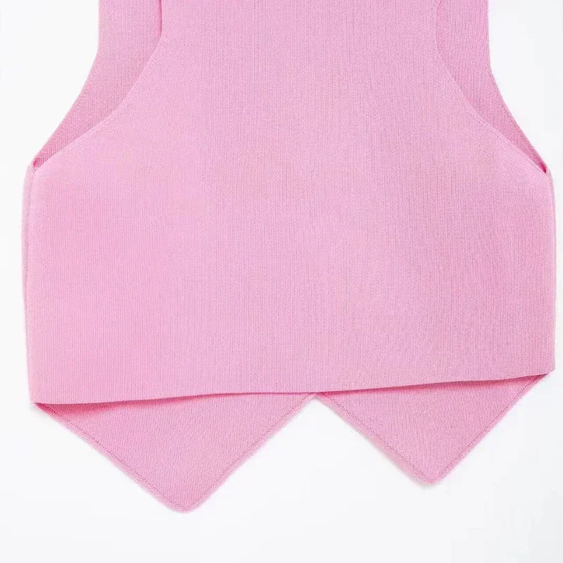 Elegant Knit Short Vest for Women V Neck Single Breasted Sleeveless Waistcoat Pink Top Female New Lady Classic Streetwear