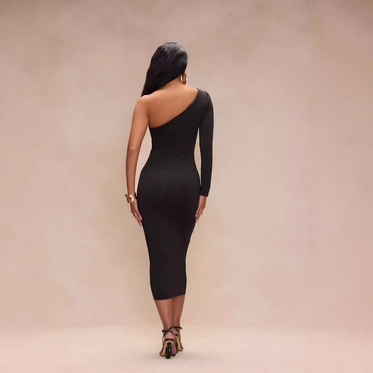 Women Clothing Sexy Cutout Metal Tube Slim Fit Maxi Dress Diagonal Collar Shoulder Sleeve Sheath Pencil Dress