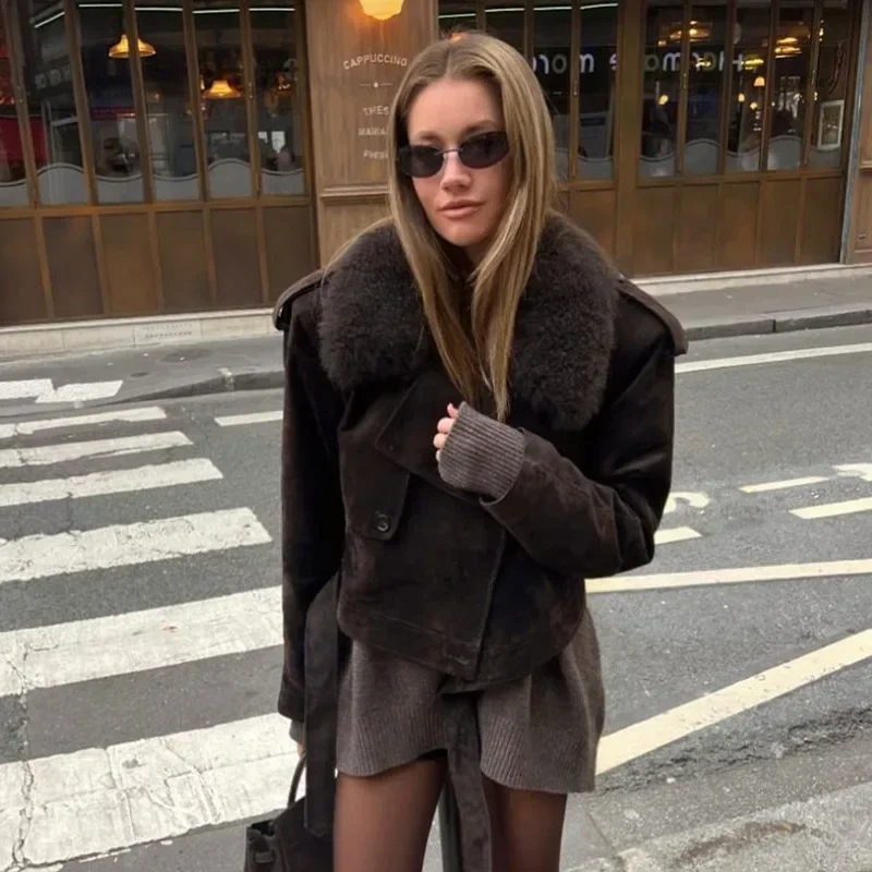 Vintage Cropped Suede Jacket Women Lapel Fur Collar Lace Up Long Sleeve Coat Female Winter Fashion Lady High Street Outwear