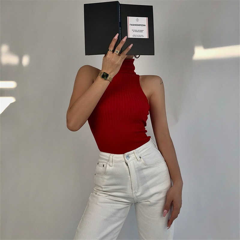 Summer High Neck Vest Women Sleeveless Solid Color Knit Ribbed Slim Fit Tank Tops y2k Clothes Lady Basic Clubwear
