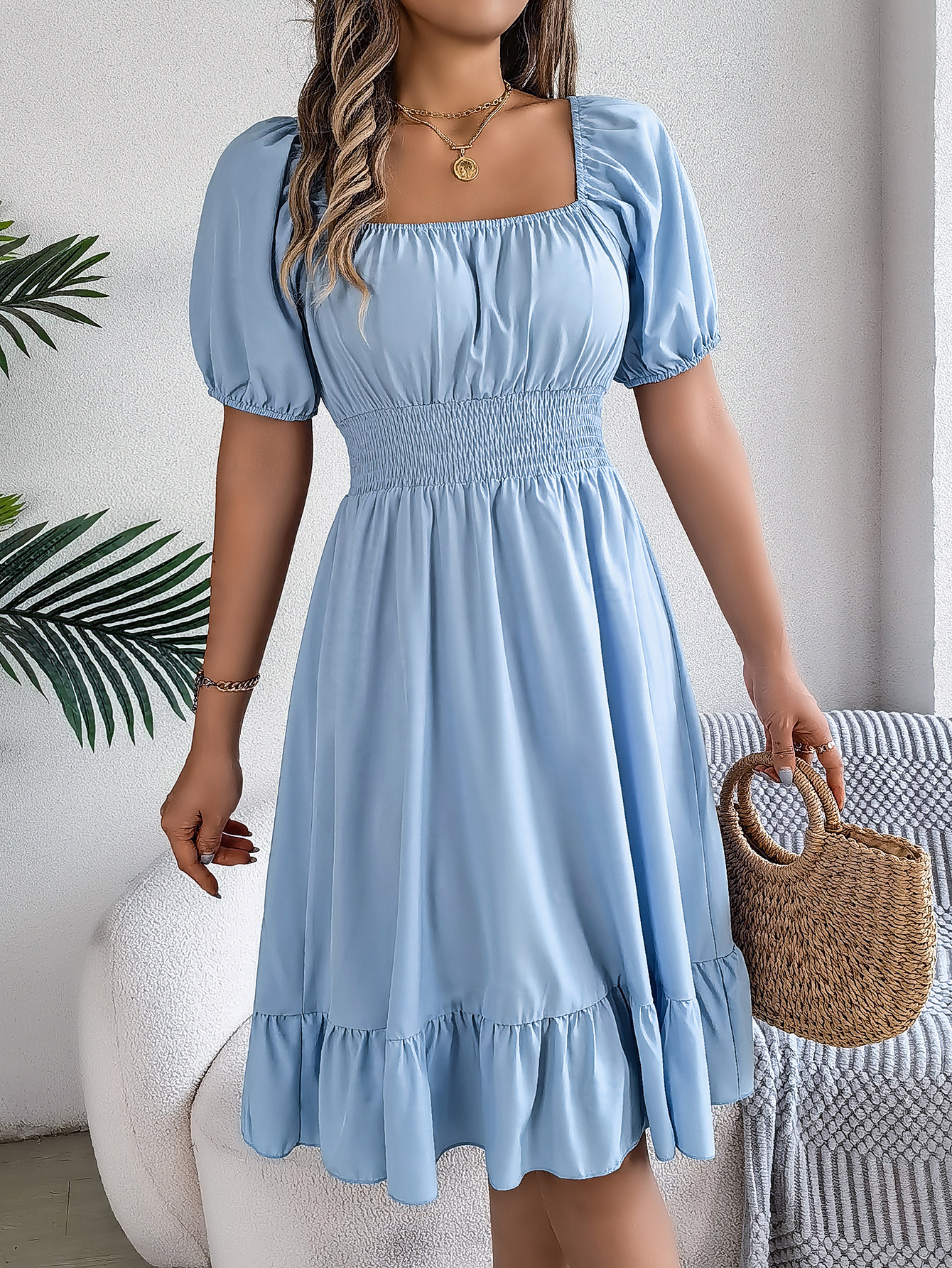 Spring Summer Casual Square Collar Short Sleeve Waist Trimming Ruffles A line Dress Women Clothing