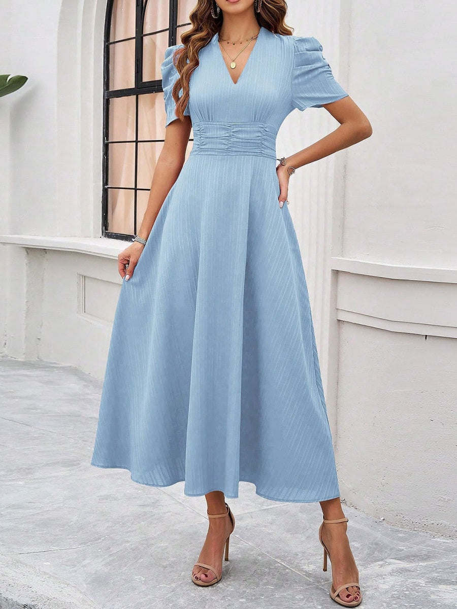 Pleated Waist Short Sleeve Maxi Dresses
