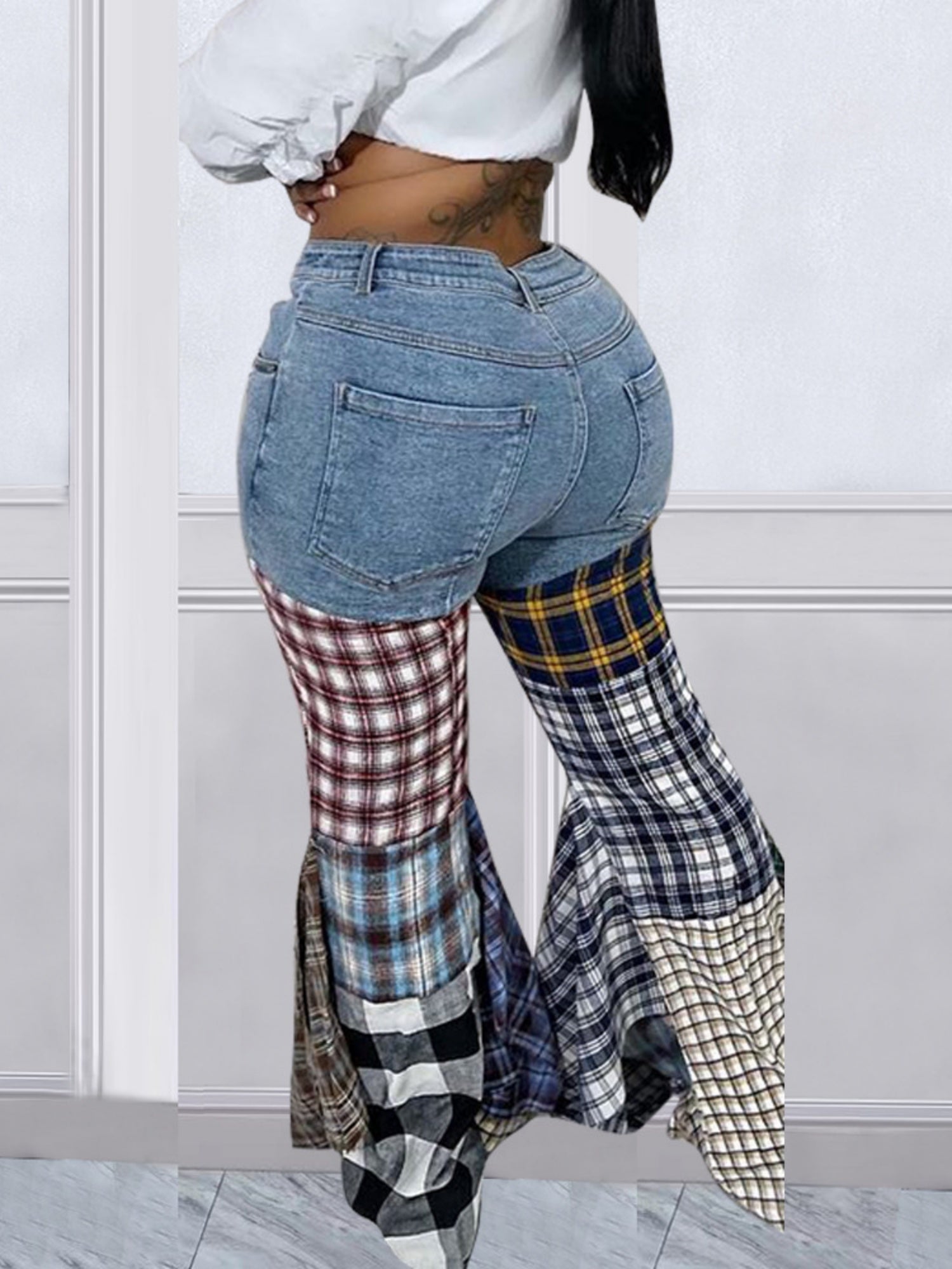 Houndstooth Pattern Flared Pants Ruffle Jeans