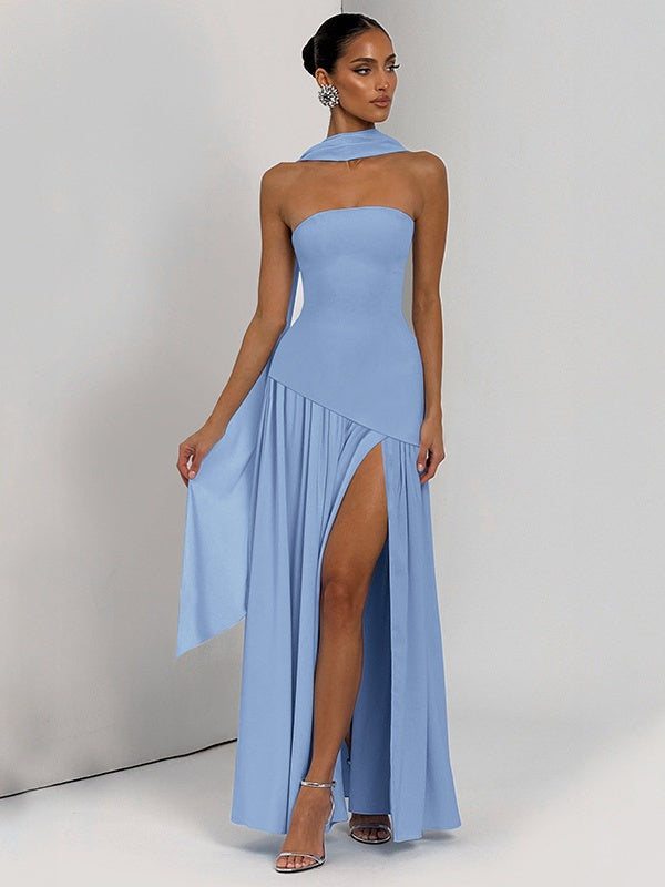 Strapless, Fitted, Solid Color, Open Back, Elegant Long Dress With Ribbons