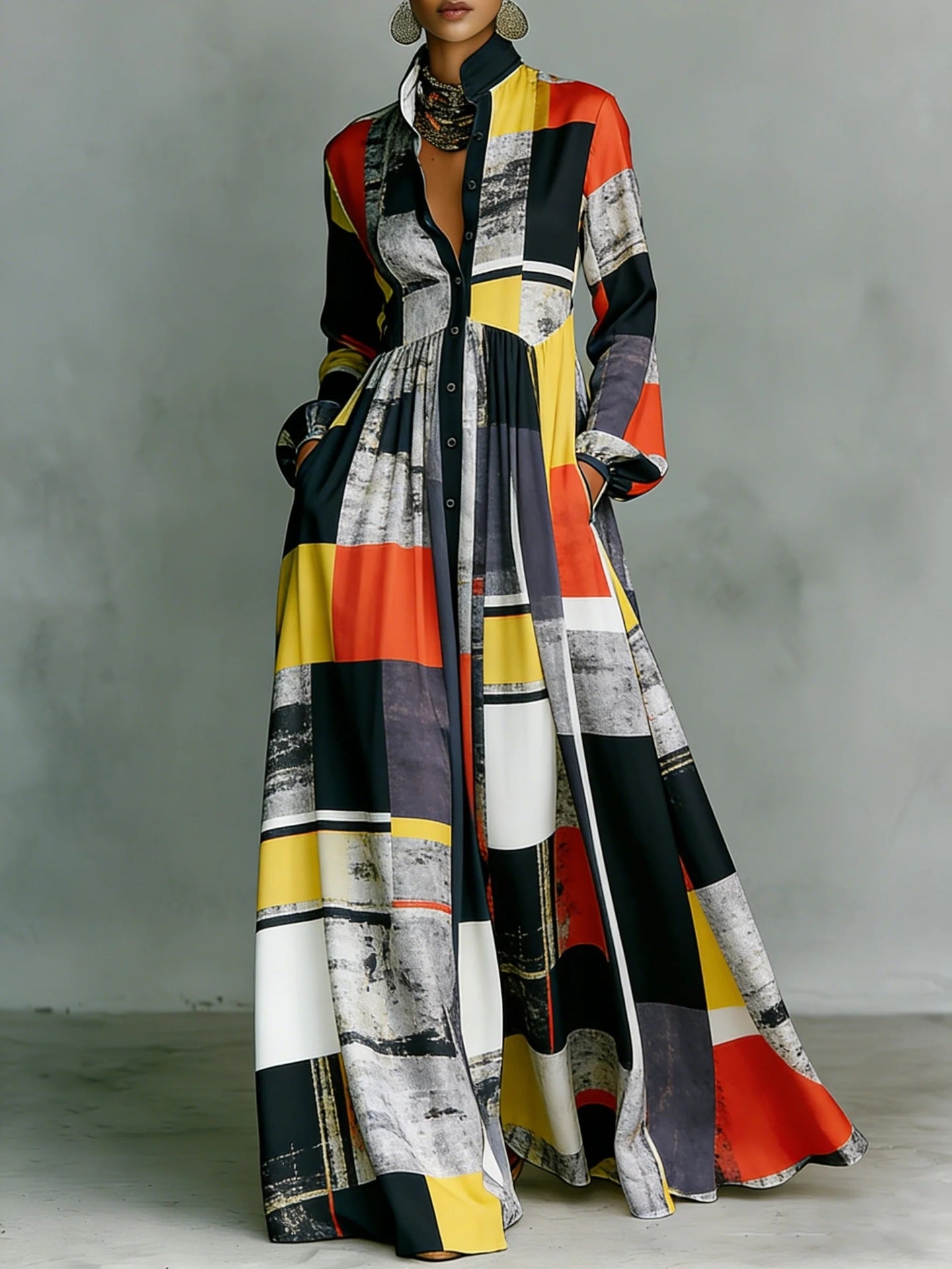 Long-sleeved Printed Maxi Dress
