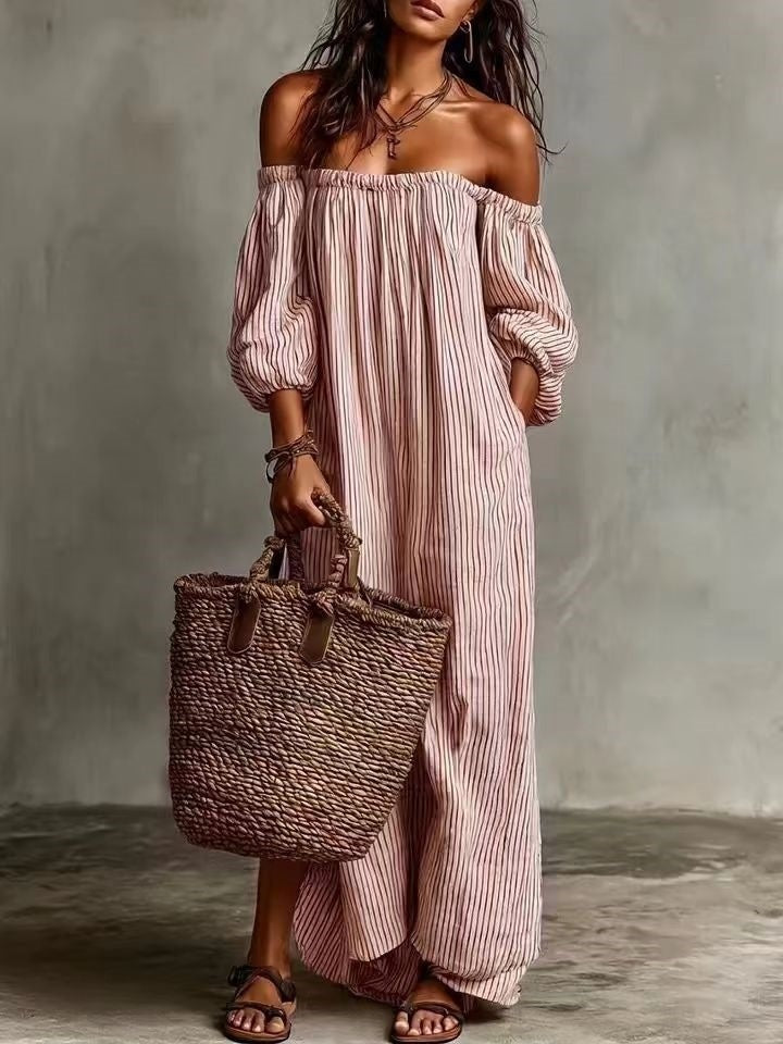 Striped Off-the-shoulder Long Dress