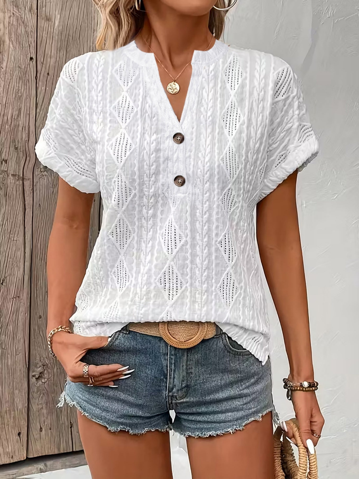 Knitting Buttons V-neck Short Sleeve T-shirts