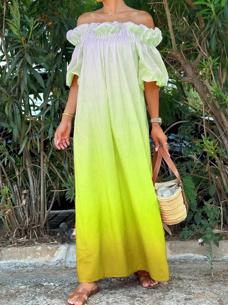 Off-the-shoulder Gradient Print Long Dress With Ruffled Trim