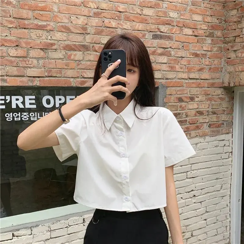 Oversize White Cropped Shirt Women Summer Short Sleeve Polo Neck Sweet Preppy Button Short Shirts Korean Female Blouses Blusa