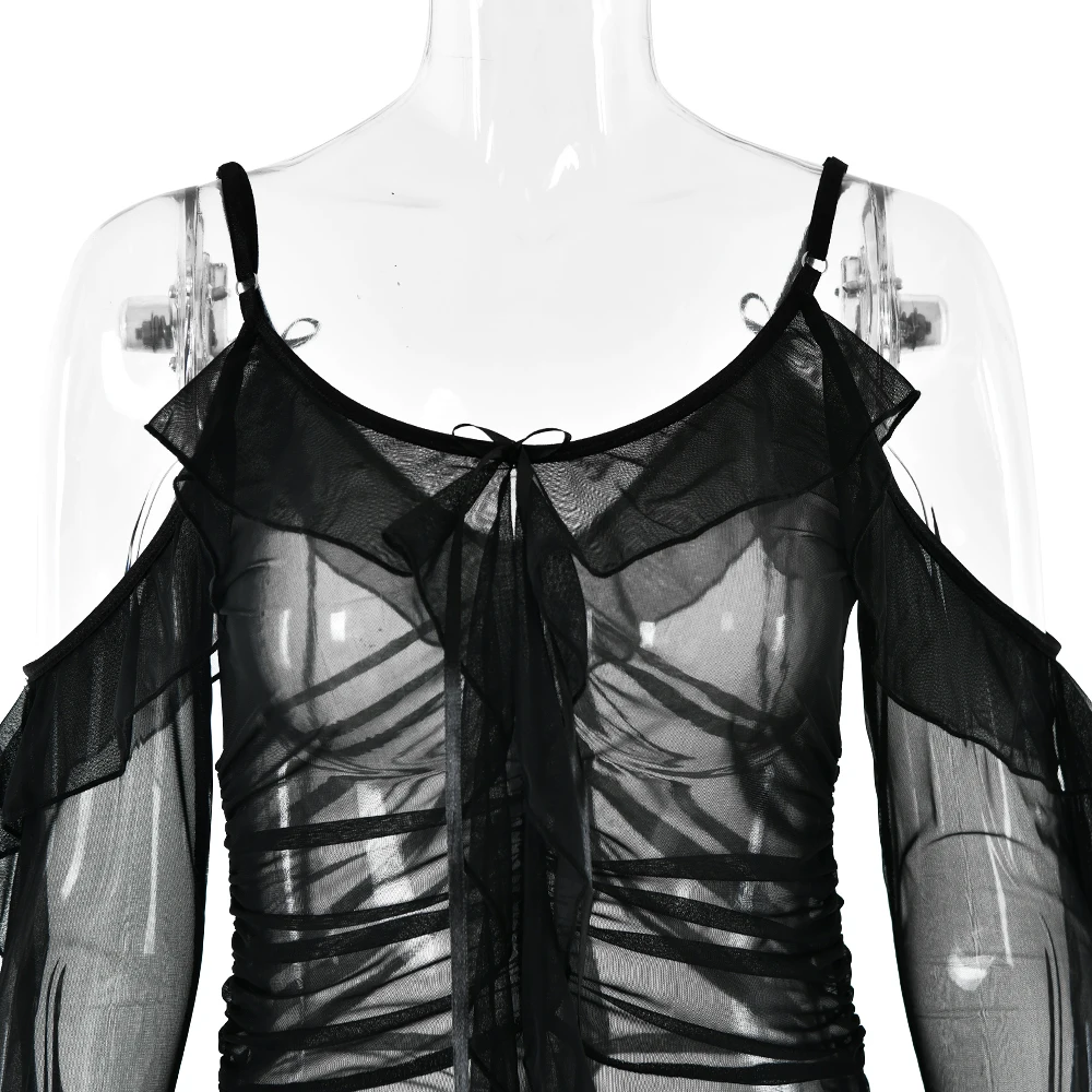 JULISSA MO Sexy See Through Mesh Women Dress Black Long Sleeve Spaghetti Strap Dress Female Summer Skinny Elegant Beachwear 2025