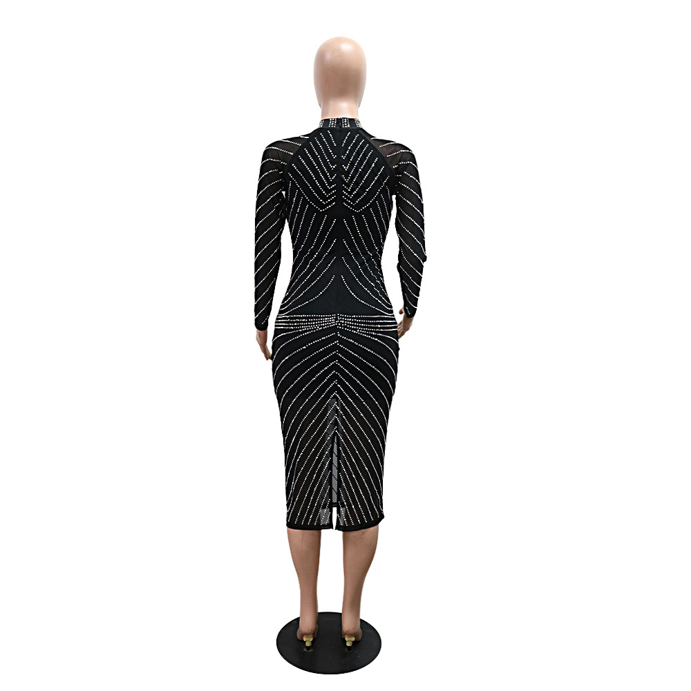Women Wear Drilling Slim Fit Long Sleeve Narrow Slim Fit Dress