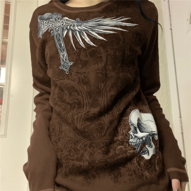 2000s T Shirt Graphic Clothes Punk Gothic Aesthetic Women Printing Round Neck Long Sleeve Tops y2k Egirl Tee Streetwear