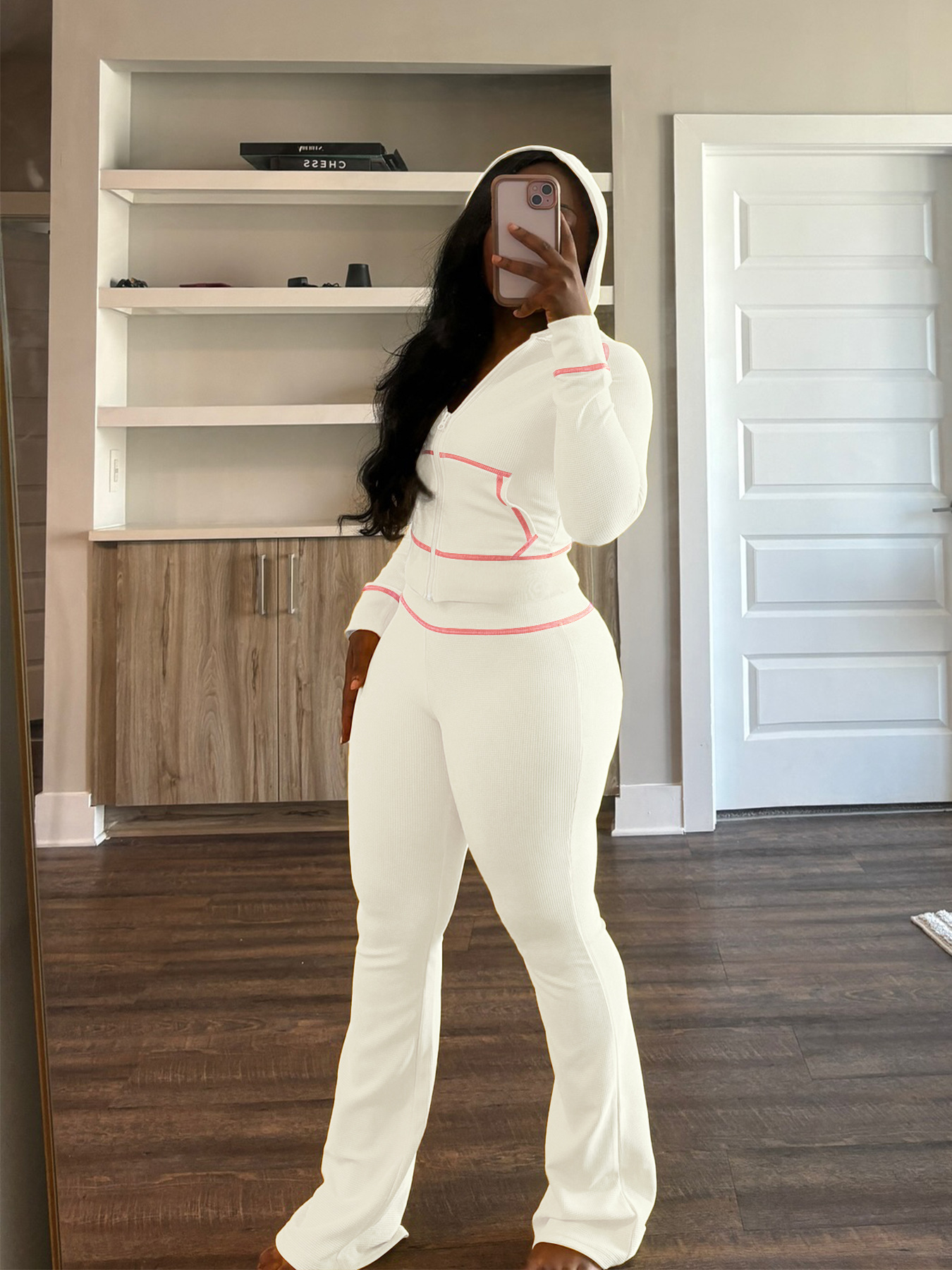 Women Waffle Texture Fabric With Shoulder Cuff Hat Micro Horn Casual Suit