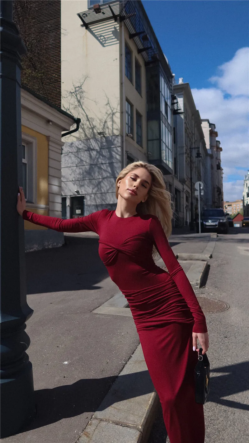 Long Sleeve Knit Dress For Women Fashion O Neck Strapless Bodycon Maxi Dress Ladies Knitted Pullover Sweater Dress