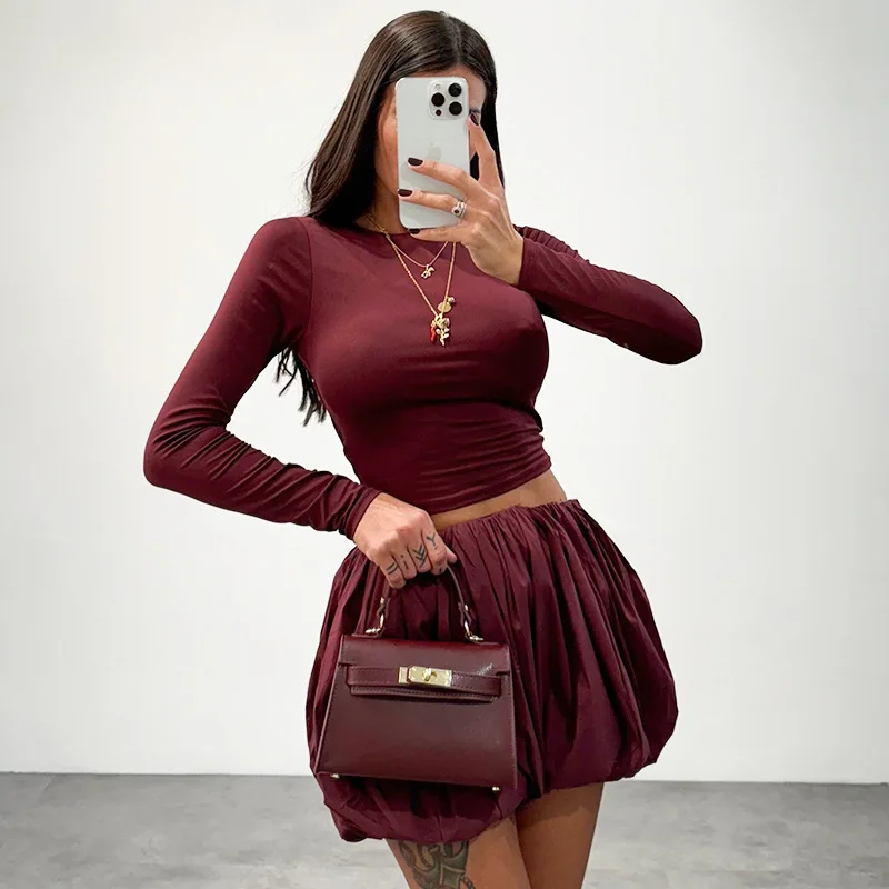 Woman Skirt Two Pieces Set Tight Backless Twist Crop Top High Waist Bud Skirt Elegant Suit Solid Lady Autumn Fashion New