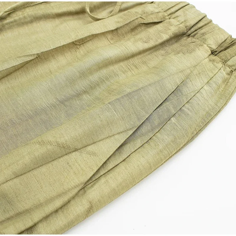 New Linen Tie-dye Print Long Pants Sets For Women Lapel Half Sleeve Single Breasted Shirts Drawstring Wide Leg Pant 2 Pieces Set