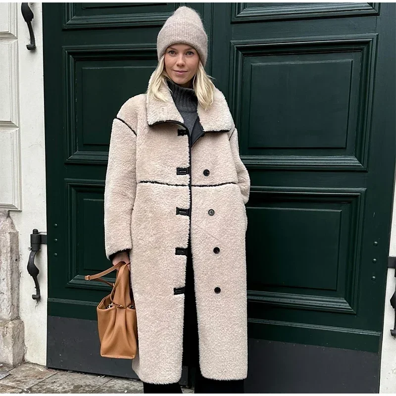 Fashion Beige Faux Fur Long Coat Women Winter Buttons Lapel Long Sleeve Lamb Fleece Jacket 2025 New Lady Loose Street Outerwear