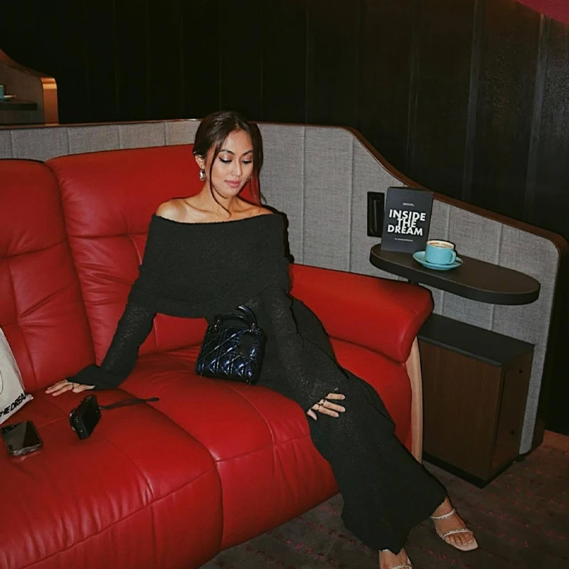 Beach Knitted Off The Shoulder Long Dress Women Slim Flare Sleeve Hollow Out Maxi Dresses 2025 Summer Lady Hip Package Robes