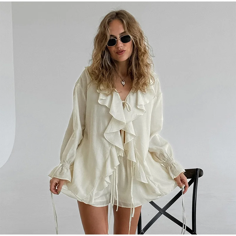 Loose Ruffles Shorts Set For Women 2 Pieces V Neck Hollow Out Shirts Wide Leg Short Pants 2025 Spring Summer Lady White Suit