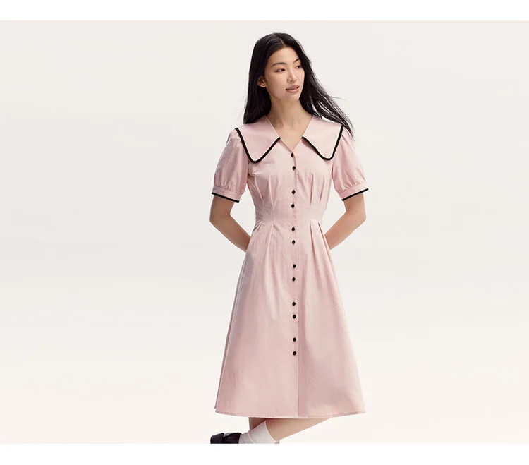 Dress Women Pure Cotton Puff Sleeves Dress Summer New Color-Block Large Lapel Mid-Length Dress College Style
