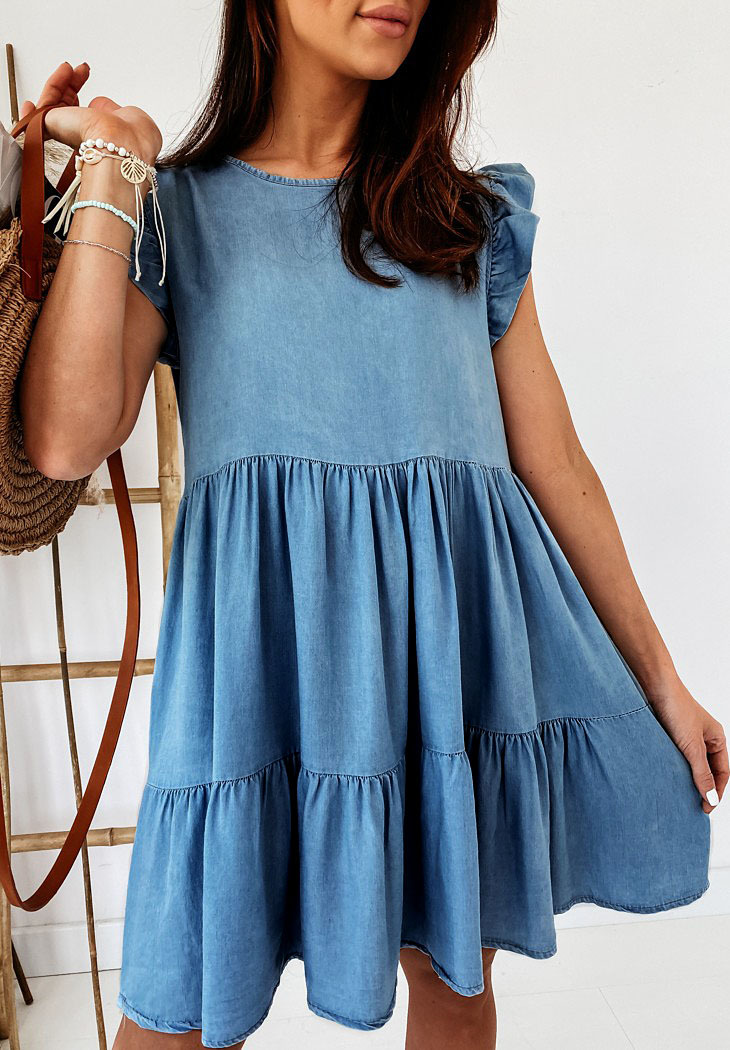 Spring Summer Loose Cake Mold Short-Sleeved Denim Dress Women round Neck