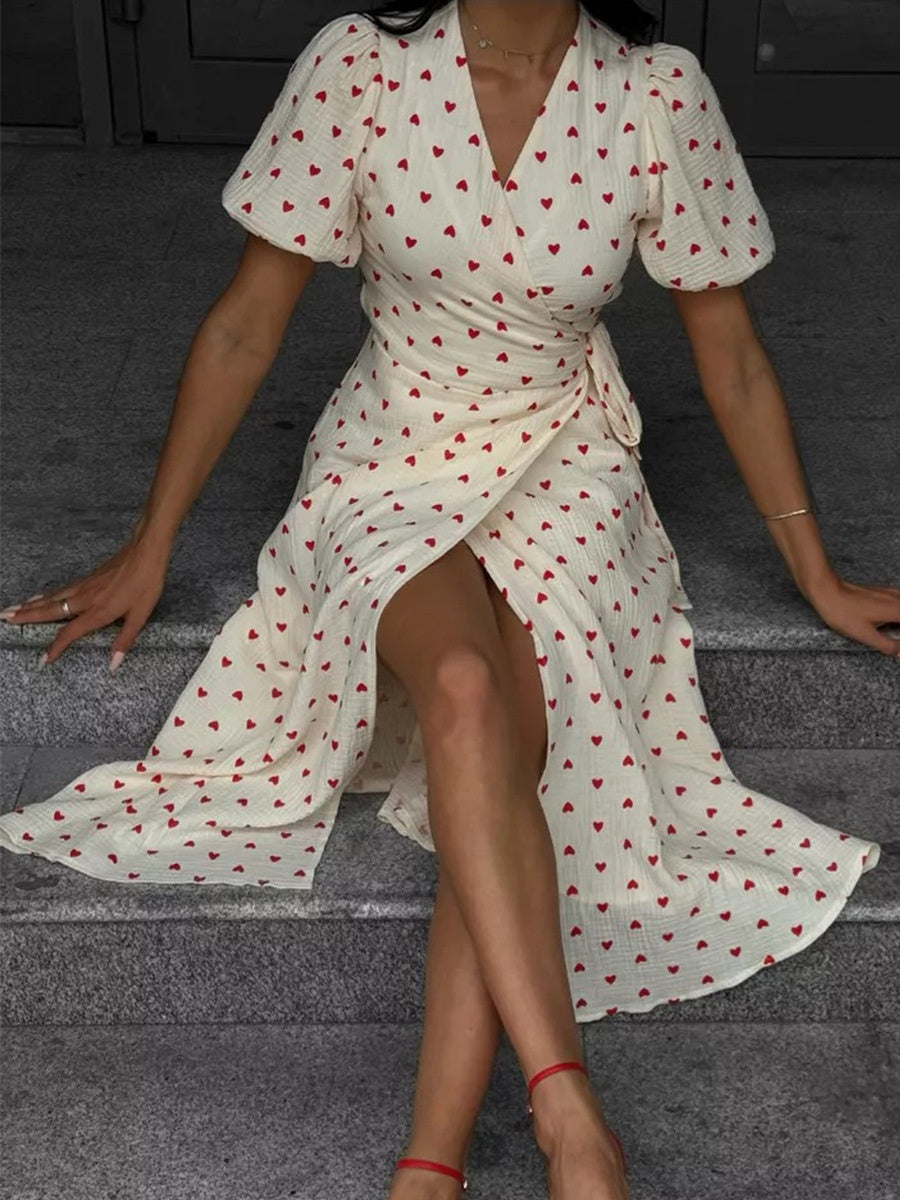 Pure Cotton Bandage Wrap-up Puff Sleeve Printed Comfort Maxi Dresses