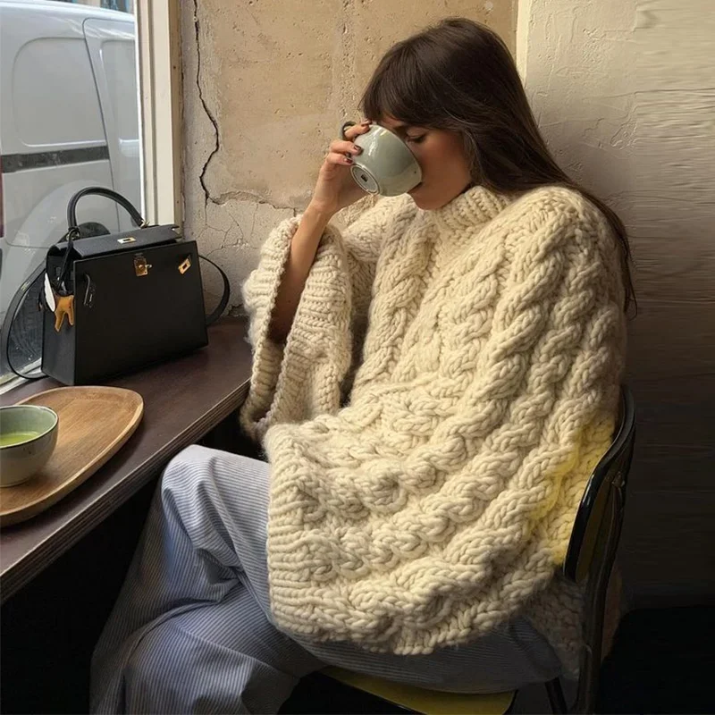 Knit Oversize High Neck Jumper Sweater Women Lazy Round Neck Ribbed Pullover Female Autumn Winter Thick Warm Lady Knitwear
