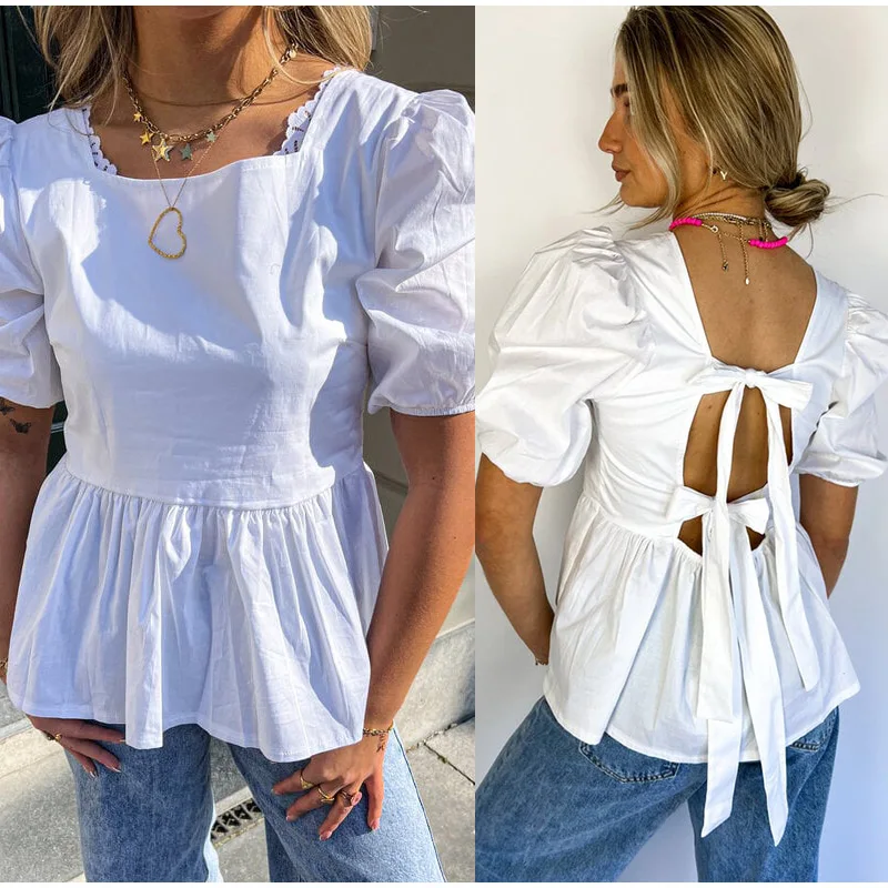 Vintage Lace Up Puffy Sleeve Shirts Women Elegant Solid Backless Square Collar Shirt Female Summer Sweet Fashion Street Tops