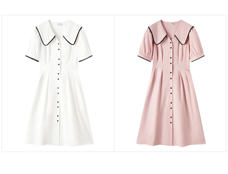 Dress Women Pure Cotton Puff Sleeves Dress Summer New Color-Block Large Lapel Mid-Length Dress College Style