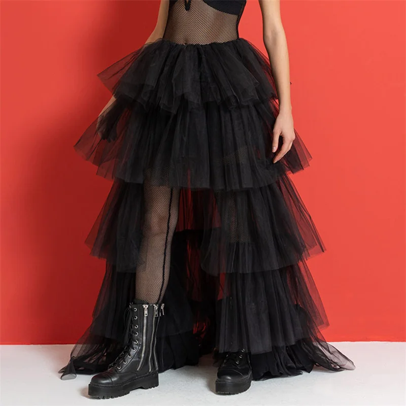 Tulle Skirts Women y2k Solid Color Elastic High Waist Asymmetrical Hem Long Skirts Summer Evening Party Skirt Clubwear