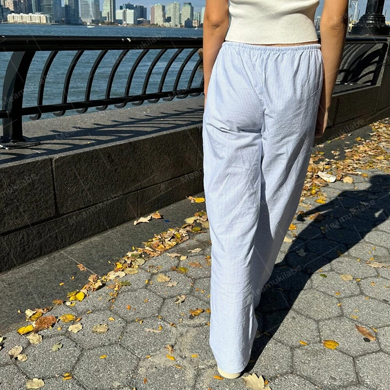 Comfy Loung Pants Streetwear Casual Tie Up Waist Wide Leg Trousers Y2K Vintage Striped Loose Pants Women Pajamas Sleepwear