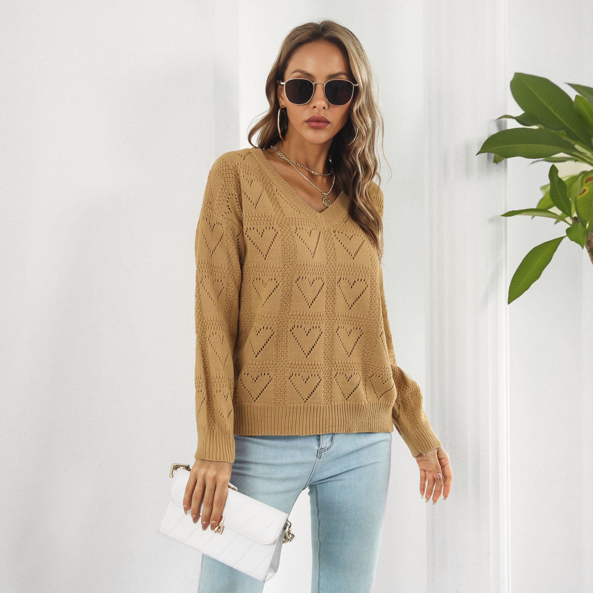 Hollow Out Cutout out Heart Plaid Sweater Women Loose Autumn Winter Long Sleeved Sweater Sweater