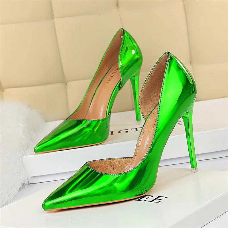 Women 10.5cm High Heels Blue Green Valentine Pumps Luxury Glossy Stripper Stiletto Wedding Bridal Fetish Shoes Plus Size 43